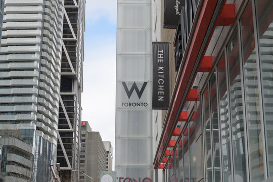 sign outside W Toronto, four-star hotel, located at 90 Bloor St E and Longo's Bloor Street Market "The Kitchen"