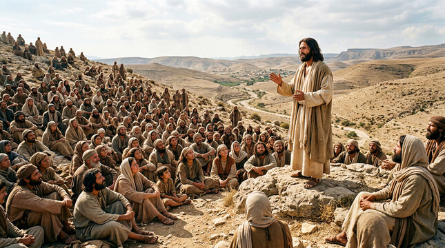 Jes&uacute;s predicando a multitudes en una colina, vestimenta sencilla, paisaje &aacute;rido, iluminaci&oacute;n natural hiperrealista