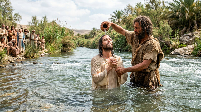 Jes&uacute;s siendo bautizado por Juan el Bautista en el r&iacute;o Jord&aacute;n, agua en movimiento, luz natural, estilo hiperrealista