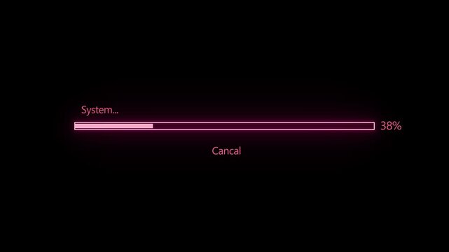 Neon pink loading bar animation on black background showing system progress with percentage counter and cancel text