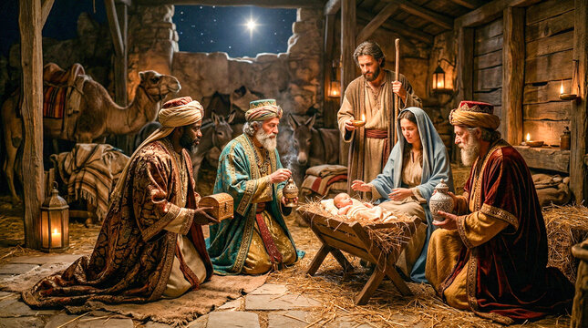 Los Reyes Magos adorando al ni&ntilde;o Jes&uacute;s con regalos, vestimenta oriental hist&oacute;rica, iluminaci&oacute;n dorada, hiperrealismo cinematogr&aacute;fico