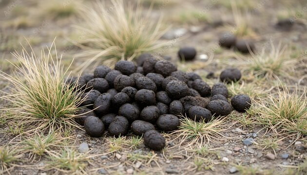 Dark Round Manure or Earth Black Balls Pile in Dry Grassland