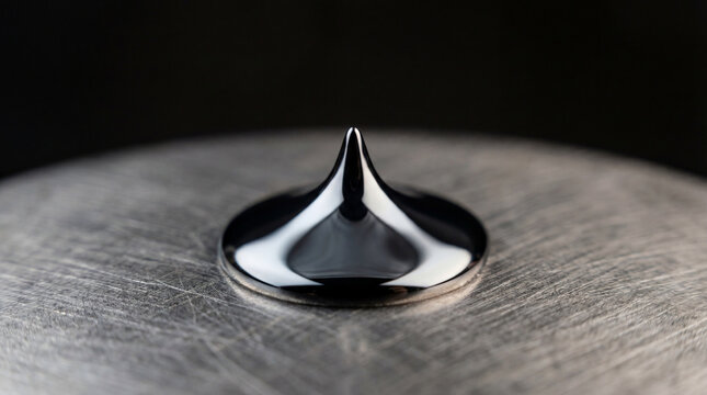 Metallic black ferrofluid spike reflecting light on brushed titanium