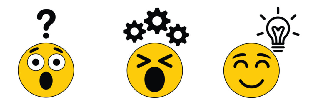 Three emoji faces showing surprise, laughter, and happiness with shock and question mark icons, colorful vector illustration
