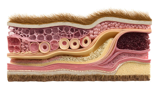 Human skin anatomy with hair follicles separately isolated PNG, detailed cross-section of epidermis, dermis, and subcutaneous layers for medical education and dermatology resources