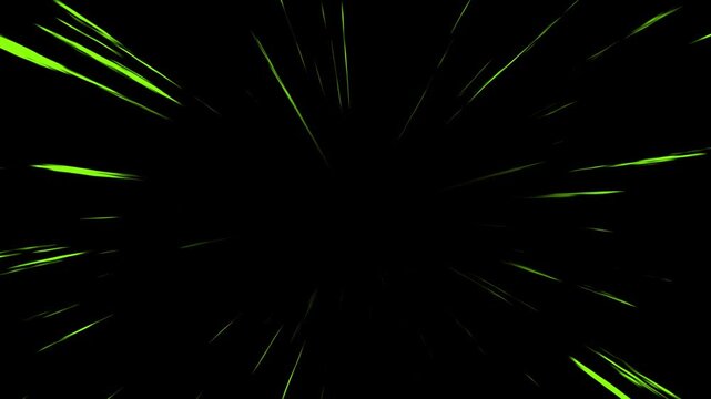 Green neon light streaks moving outward on black background. Abstract speed lines radiating from center. Fast motion effect for science fiction digital space speed concept.