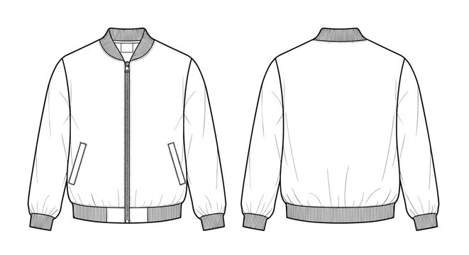 Bomber Jacket Technical Flat Design Front and Back Views Isolated on White for Fashion Apparel Design Templates