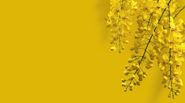 Flat Lay Konna Flowers on Yellow Background Vishu Festival Design with copy space