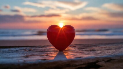 Fototapeta premium Glass heart silhouetted against sunset on beach boardwalk