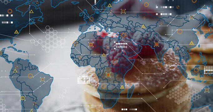 Pancake stack staying centered, world map sliding in adding HUD markers visualizing food marketing