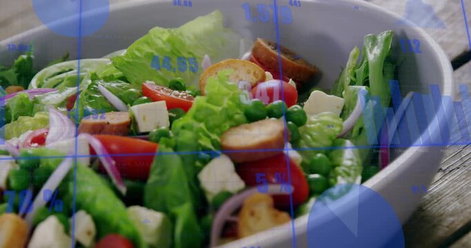 Camera pushing in over salad bowl on rustic tabletop, blue data overlay highlighting nutrition