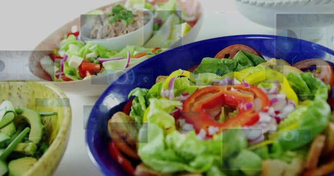 Camera panning focusing blue salad bowl, faint overlays highlighting ingredients for food styling