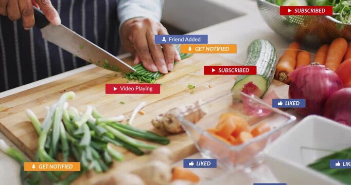 Woman's hands chopping herbs, prompt appearing, badges piling, drifting, fading to refocus on prep