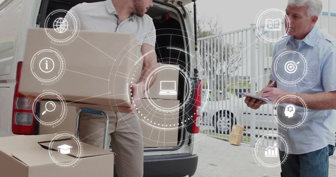 Delivery driver taking boxes from van, loading dolly while manager verifying manifest, HUD linking