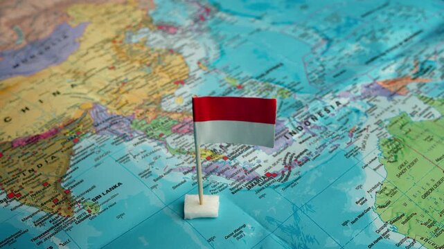 Hand positions small Indonesia flag on geographic map