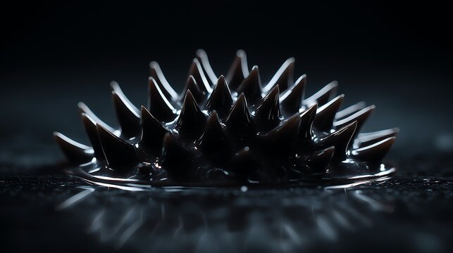 Dark magnetic ferrofluid forming spiked spiral pattern with chrome reflections