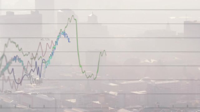 Multi-line chart animating over hazy skyline grid fading in and spawning traces mapping data trends
