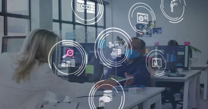 Woman handing doc initiating HUD rings multiplying with charts, man receiving for business