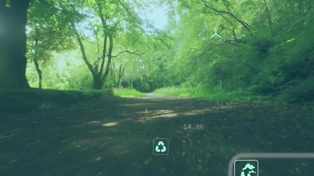 POV camera moving down forest trail, activating environment AR HUD, monitoring CO2, charts, droplet