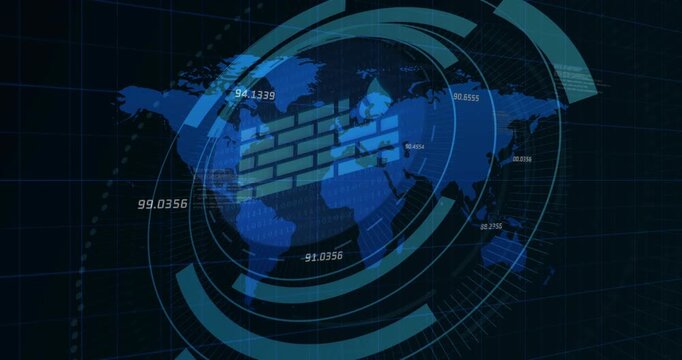 Blue map initiating security scan, HUD rings rotating over labels, firewall icon blocking threats