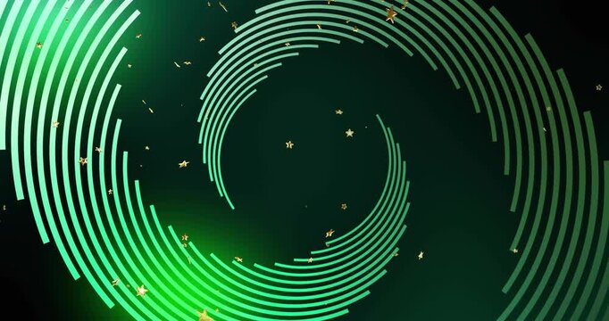 Green rings unfolding and rotating on outer arc entry, pulling star confetti inward to form vortex