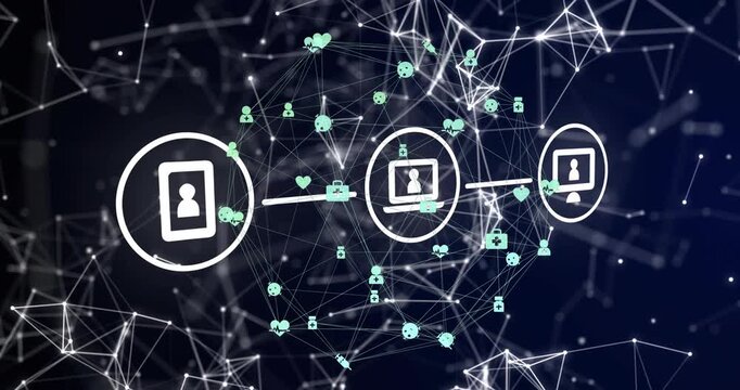Three devices focusing, drawing links, routing green icons through tech network showing data flow