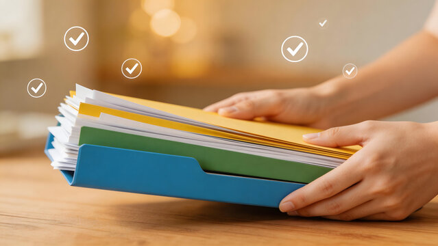Hands holding colorful folders with checkmarks