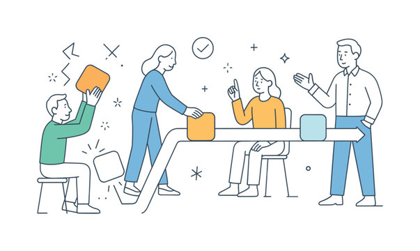 A workflow simplification and process streamlining scene showing a small team refining operations around a large straight path and minimal task blocks