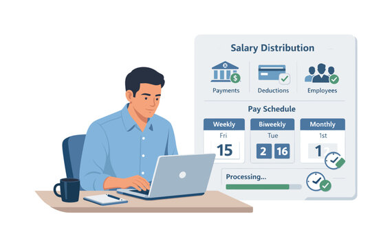 A professional organizing a structured payroll processing workflow during a focused work session, sitting at a desk with a laptop while managing a