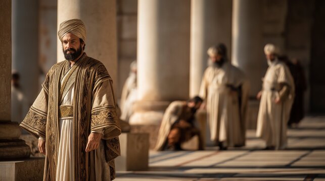 A majestic biblical scene of Daniel in new royal garments standing among Persian officials in a grand hall with tall columns and patterned stone floors, illuminated by bright daylight.
