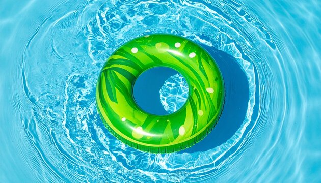 Vibrant green donut pool float on bright blue water with ripples in summer sunlight