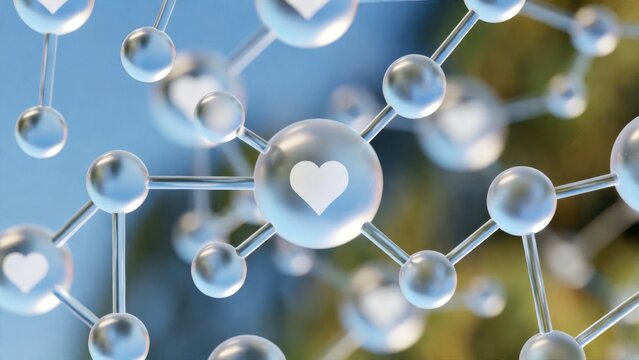 Molecular model displaying heart symbol inside glass spheres