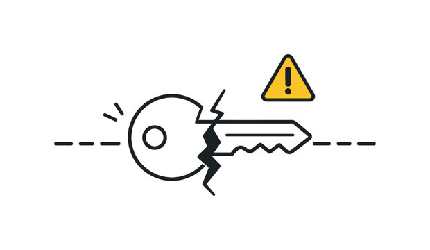 API key exposure risk and accidental credential leakage in development workflows, a simple key icon partially revealed with a small warning symbol and