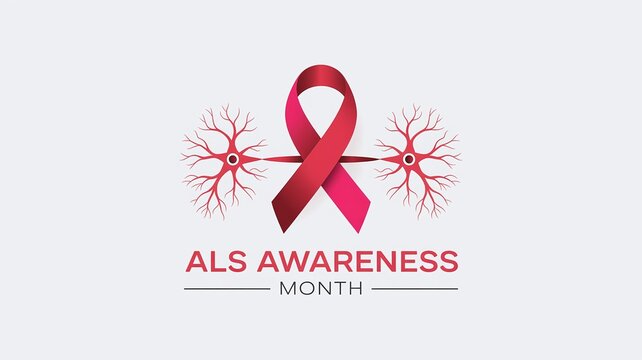 Realistic Red Silk Awareness Ribbon on Bare Twisting Red Tree Trunk for ALS Amyotrophic Lateral Sclerosis May Event