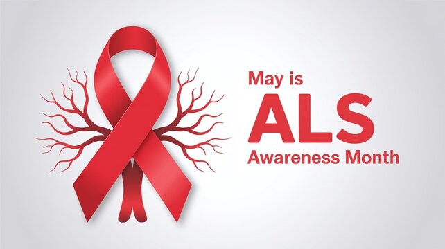 Realistic Red Silk Awareness Ribbon on Bare Twisting Red Tree Trunk for ALS Amyotrophic Lateral Sclerosis May Event