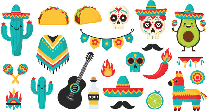 Vibrant Mexican Fiesta Collection with Cactus, Tacos, Skulls, Tequila, and Sombreros for Cinco de Mayo, Party, and Celebration Designs