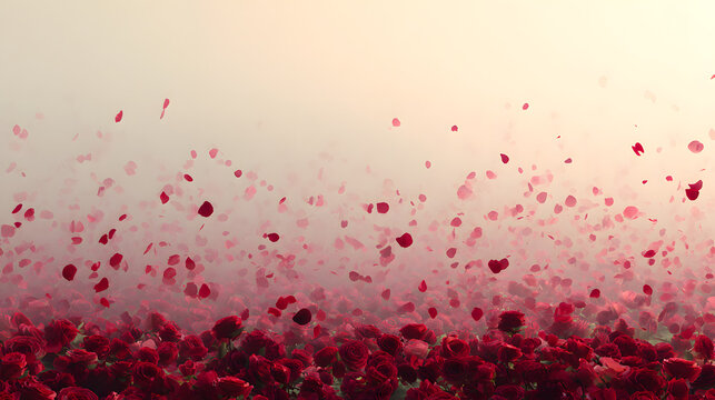 Red rose petals falling in slow motion over a bed of roses, romantic background, soft light.