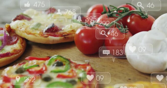 On post publish, pizzas tomatoes mushrooms getting likes bubbles popping up, showing food stats
