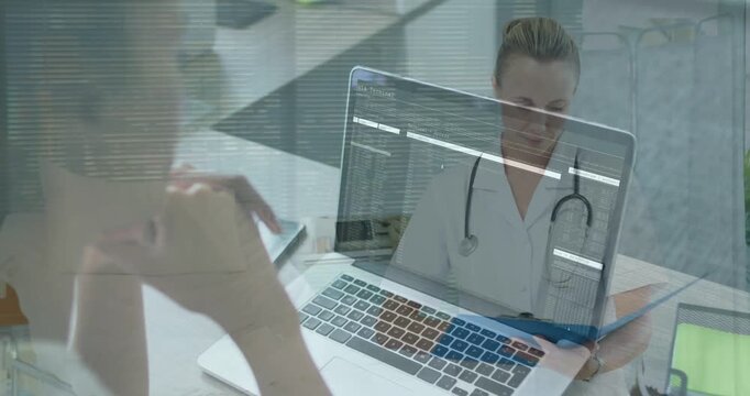 Dr opening blue folder, reading laptop record for consult and writing notes overlaying patient