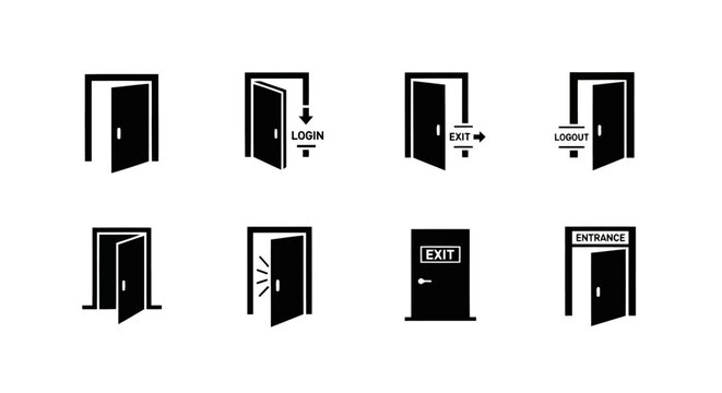 Minimalist Black Vector Door Icons for Login Logout and Entrance UI Elements
