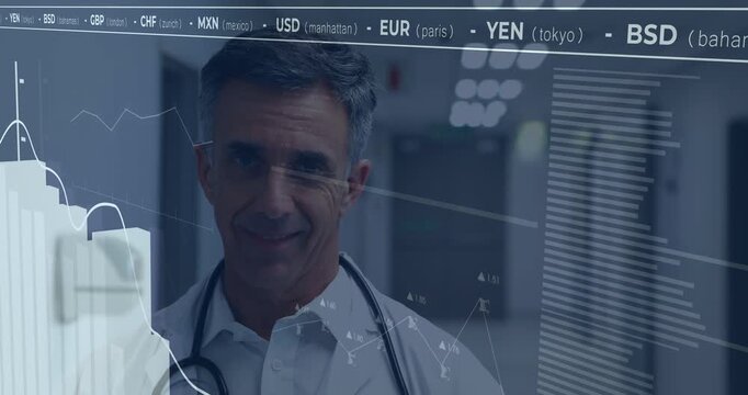 Data overlay appearing, physician writing on blue pad, glancing at moving charts assessing funds