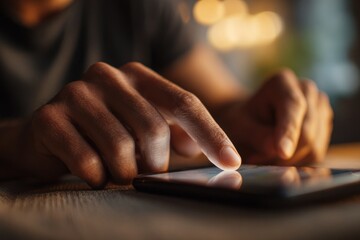 Fototapeta premium Close-up of a man tapping on a smartphone screen in a casual setting