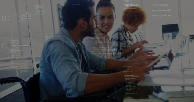 Man presenting tablet, sparking code overlay highlighting tablet while team doing tech review