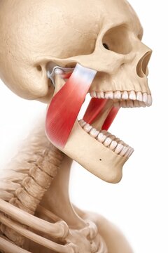 Human jaw anatomy with masseter muscle medical illustration side view
