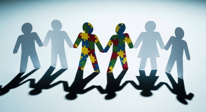Autism awareness paper chain figures, colorful puzzle pattern people holding hands, neurodiversity and inclusion concept, community support for autistic children
