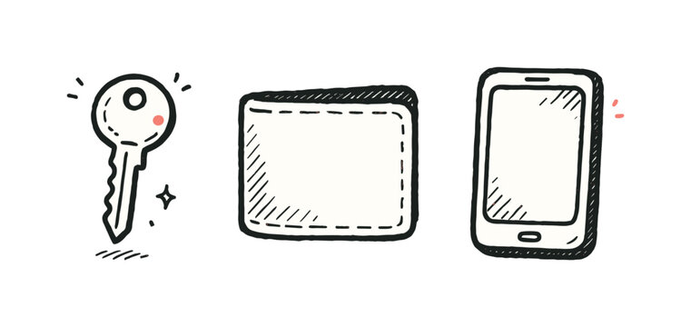Simple daily carry theme  a horizontal row of 3 related hand-drawn objects on a white background: a small key with a tiny red dot detail, a simple