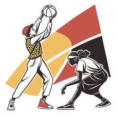Fototapeta premium Dynamic vector illustration of two stylish young people playing basketball outdoors with a retro geometric background of warm colors and abstract shapes.