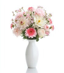 Obraz premium Pink White Flower Arrangement in White Vase on White Background, Minimal Floral Home Decor Still Life