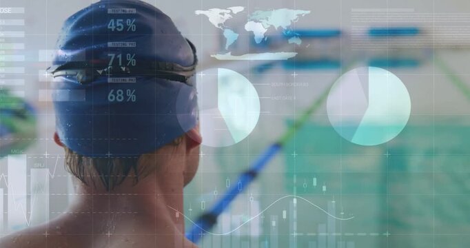 Male swimmer standing pool edge, chart overlays fading in causing head turning showing sports data