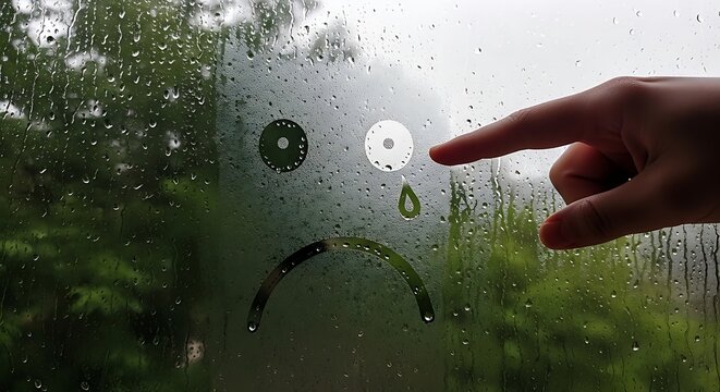 Human finger touching a teardrop on a frowny face drawn on wet glass with blurry green forest backdrop.